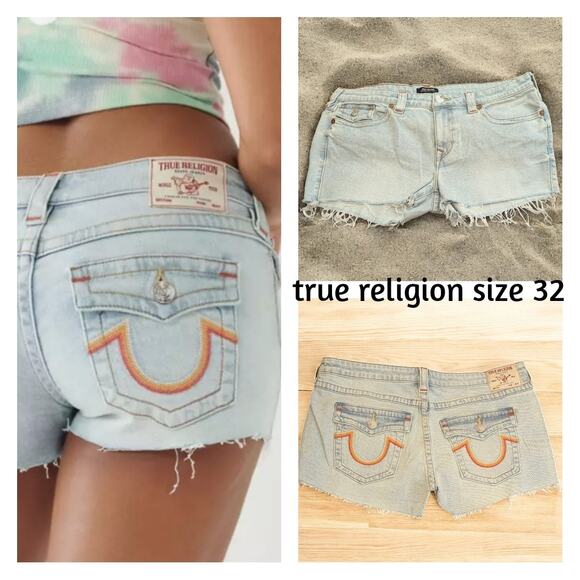 New TRUE RELIGION Joey Low Rise Cut Off Denim Jeans Shorts Flap Pockets Size 32